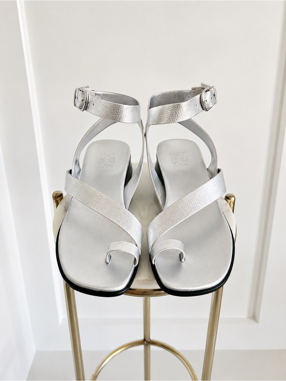 Silver Leather Ankle-Strap Toe Loop Sandals